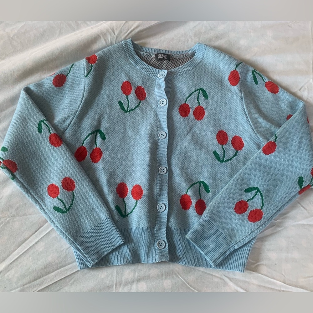 Retro Blue and Red Cherry Cardigan Sweater